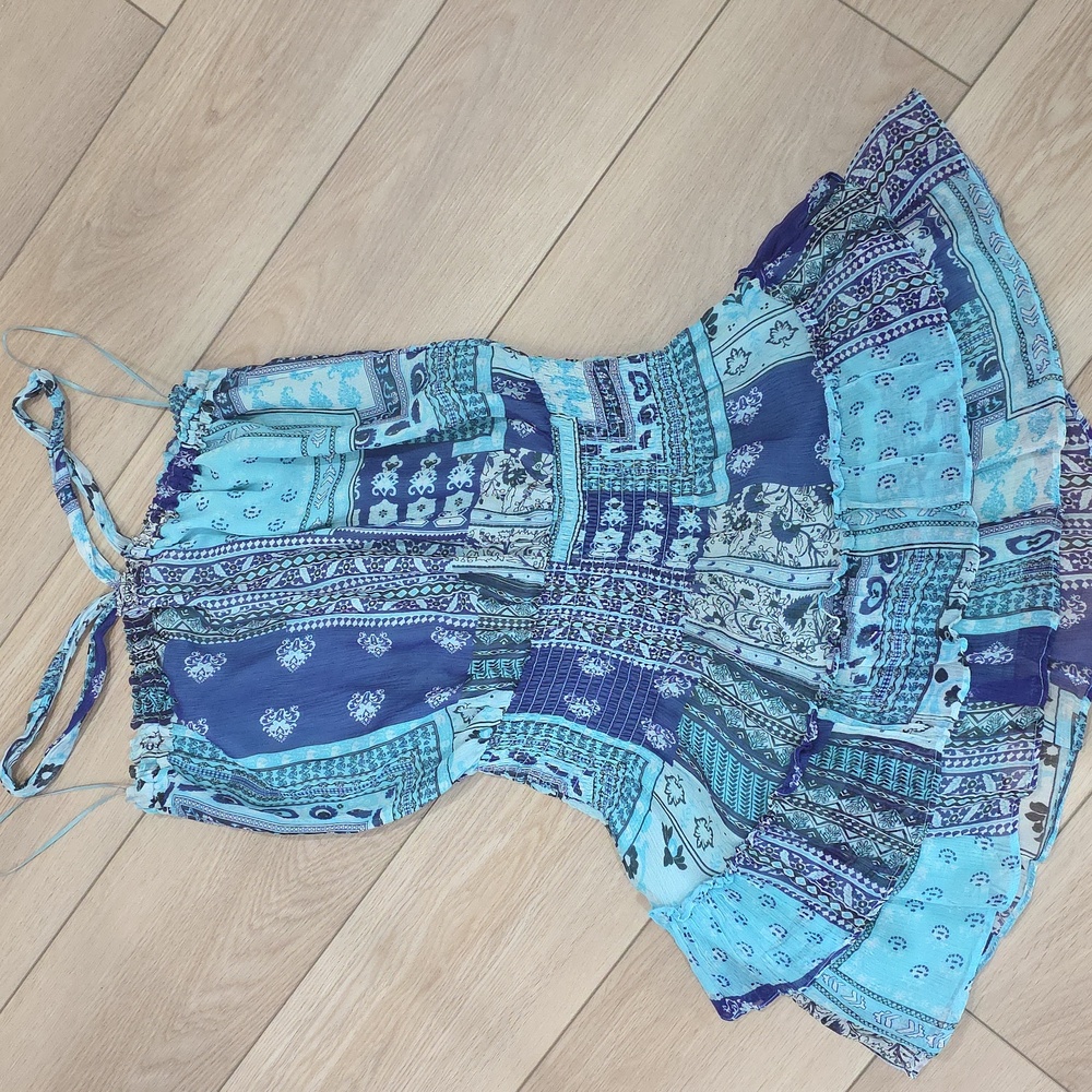 Blue Patchwork Halter Smocked Ruffled Mini Dress - image 10